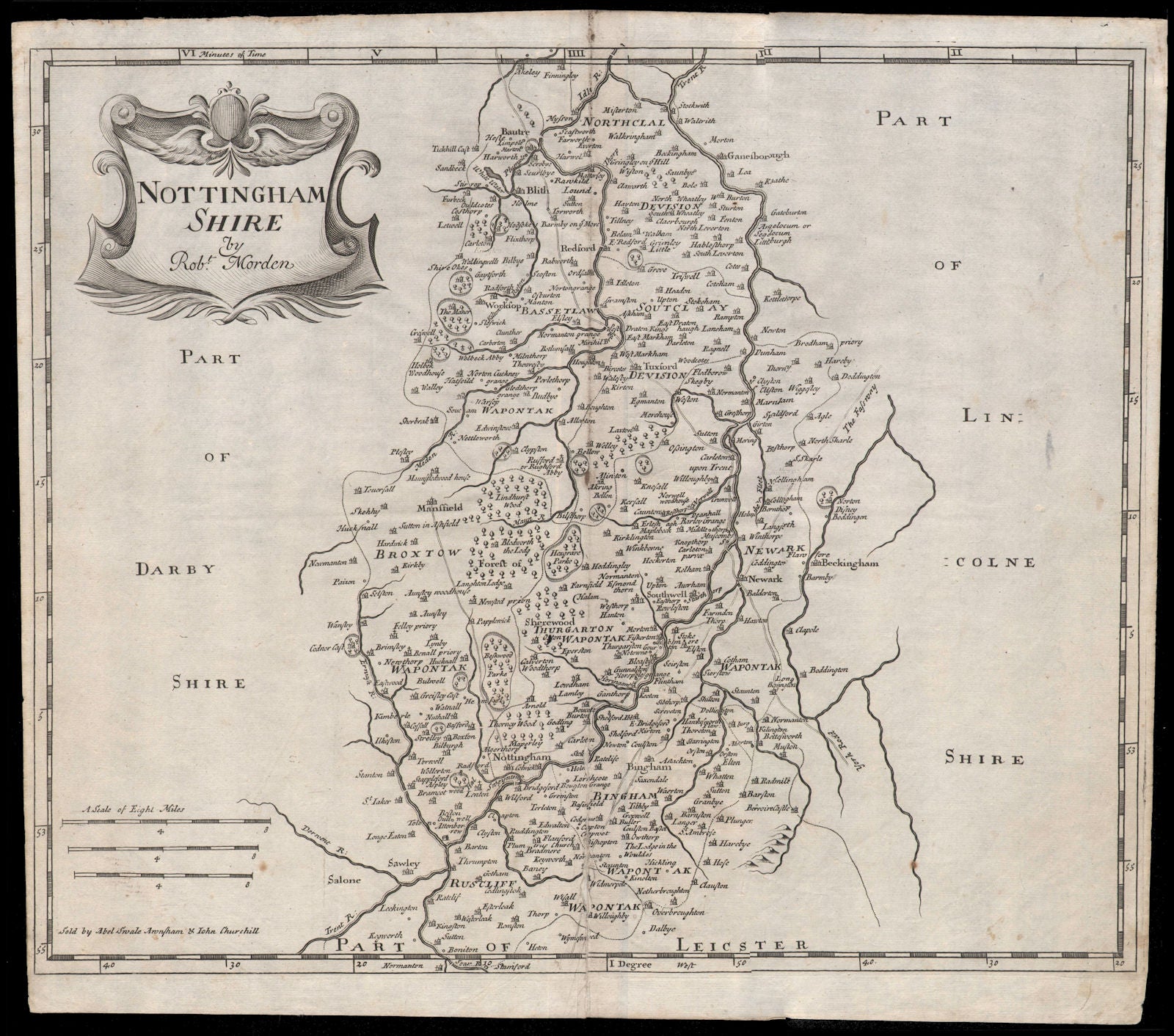 NOTTINGHAMSHIRE by ROBERT MORDEN from Camden's Britannia. Mansfield 1695 map